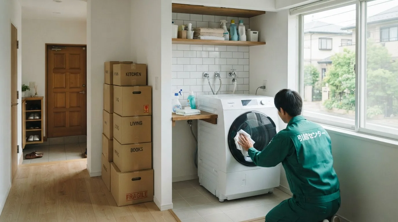 A moving vehicle loaded with packed boxes and a washing machine in front of the entrance