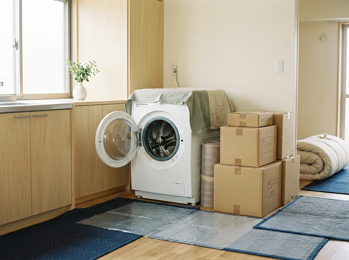 A moving crew laying protective materials on the floor while carrying out large furniture